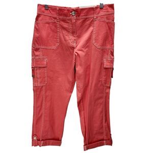 Cato Mid Rise Crop Pants Womens 10 Coral Orange Cargo Pockets Roll Tab Leg Hem